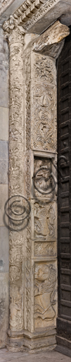 Stipite sinistro portale San Giovanni Battista, Duomo di Genova, scultura romanica Antelamica