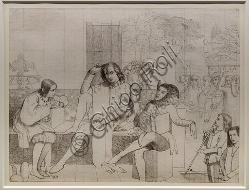 Studio disegno a matita e inchiostro per il dipinto La dodicesima notte di Walter Howell Deverell, 1850