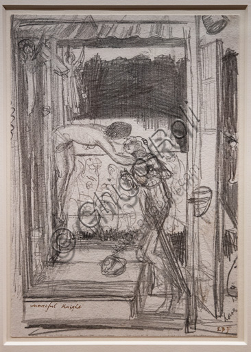 Studio di composizione a matita per Il Cavaliere Misericordioso, opera di Edward Burne-Jones del 1861, disegno preraffaellita