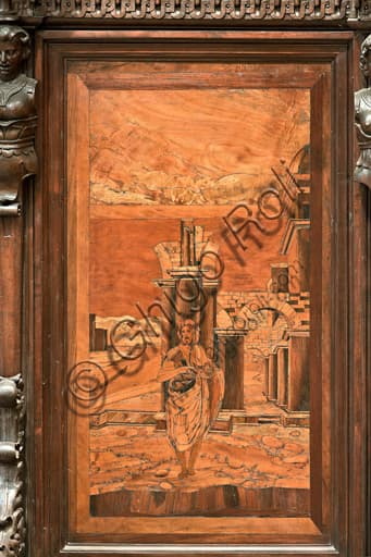 Tarsia lignea Il Battista nel deserto di Giovanni Francesco Zambelli, coro Duomo di Genova