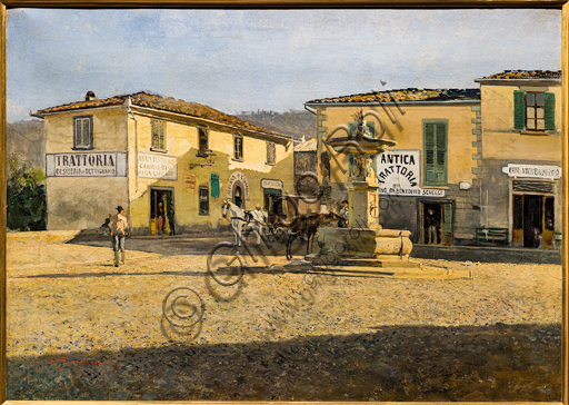 Dipinto Piazza a Settignano di Telemaco Signorini, olio su tela 1861, paesaggio toscano Firenze