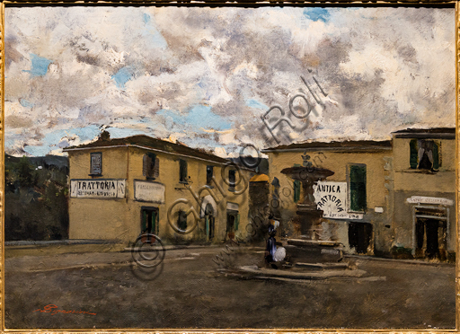 Dipinto olio su tela 'La Piazzetta di Settignano in una giornata di pioggia' di Telemaco Signorini, Firenze