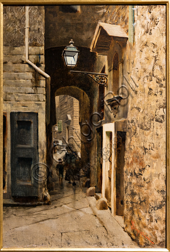 Dettaglio del dipinto Via dei Cavalieri nel vecchio ghetto di Firenze, olio su tela di Telemaco Signorini