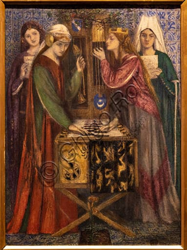 Acquarello The Blue Closet di Dante Gabriel Rossetti, figura femminile medievale in uno studiolo
