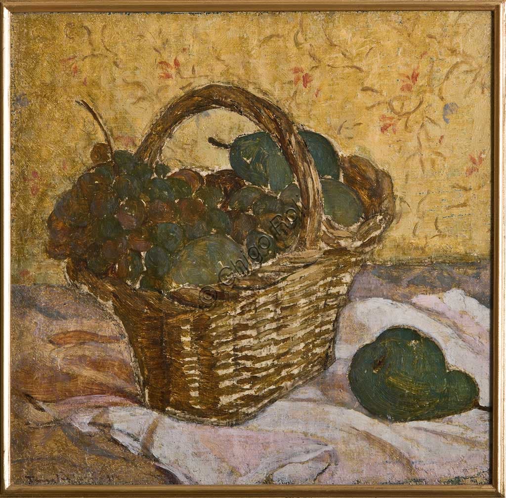 Dipinto Natura Morta con Cesta di Tino Pelloni, olio su tela della Collezione Assicoop Unipol