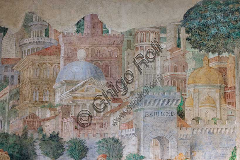 Dettaglio con alberi e paesaggio urbano dell'affresco della Torre di Babele di Benozzo Gozzoli nel Camposanto di Pisa
