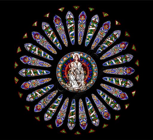 Stained glass rose window with Queen Mary by Pompeo Bertini, endonarthex of Genoa Duomo