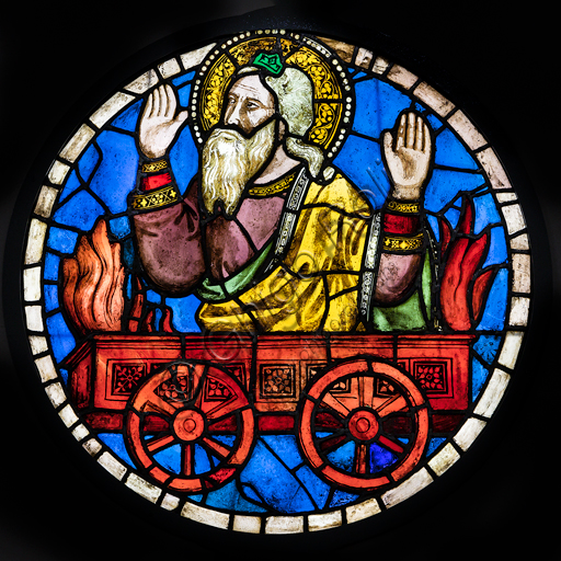 Particolare della vetrata di Taddeo Gaddi raffigurante Elia sul carro di fuoco, Basilica di Santa Croce, Firenze