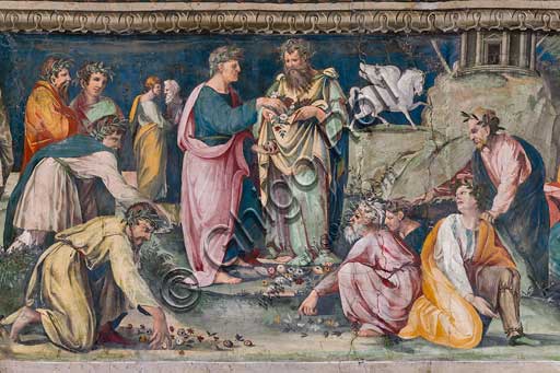 Dettaglio affresco Sala delle Prospettive Villa Farnesina: Il Parnaso con Pegaso e i poeti, Peruzzi