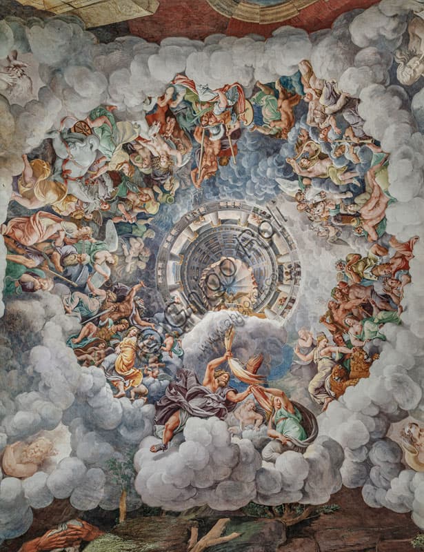 Affresco della volta della Camera dei Giganti, Palazzo Te Mantova: Giove e gli dei dell'Olimpo contro i Giganti