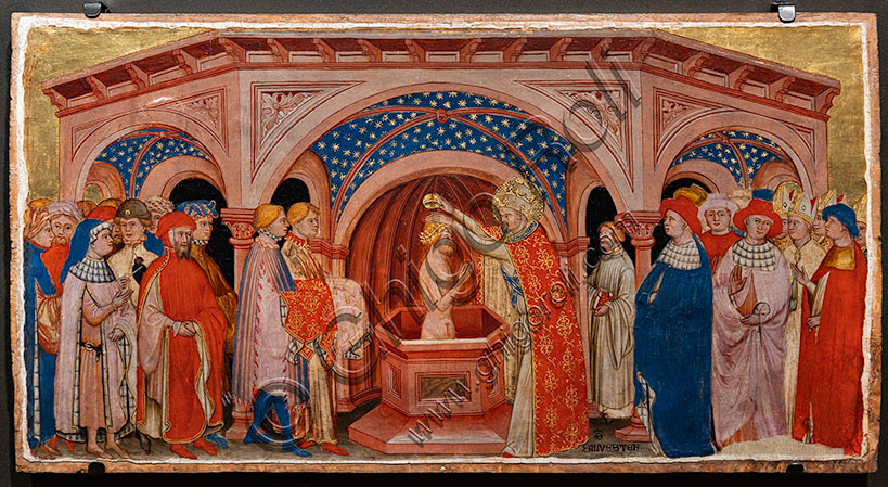 “ Pope St. Sylvester baptises Costantine in Laterano”, by Battista da Vicenza, 1375? - 1438) , tempera panel painting.