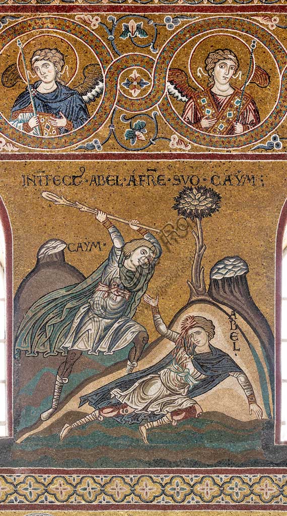 Monreale, Duomo: "Abele viene ucciso da Caino", mosaico bizantino, Ciclo del Vecchio Testamento - Paradiso Terrestre, XII - XIII sec.Iscrizione latina: "INTERFECTUS ABEL A FRATRE SUO CAYM".