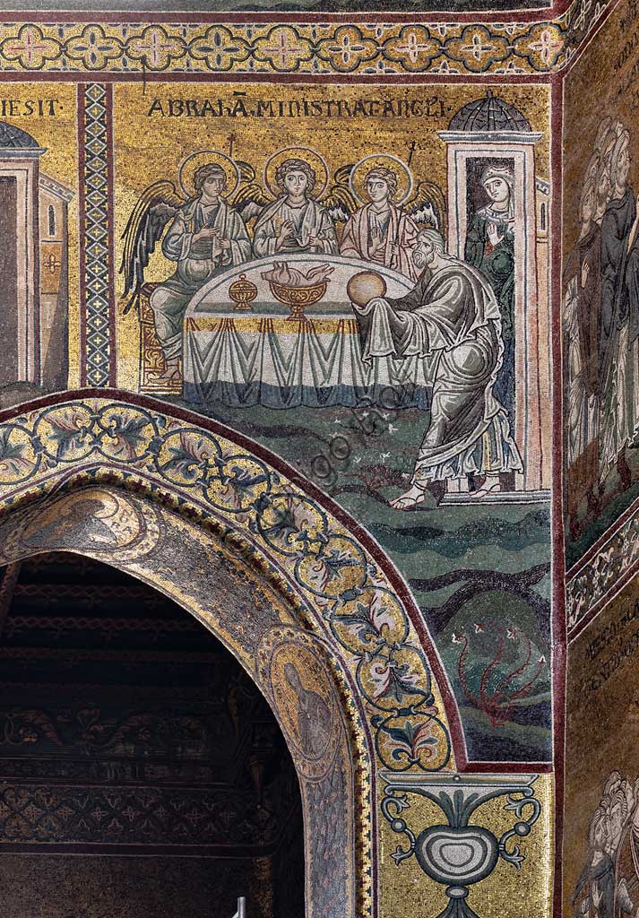 Monreale, Duomo: "Abramo serve alla mensa dei tre angeli", mosaico bizantino, Ciclo del Vecchio Testamento - Abramo, XII - XIII sec.Iscrizione latina: "ABRAHAM MINISTRAT ANGELIS". 