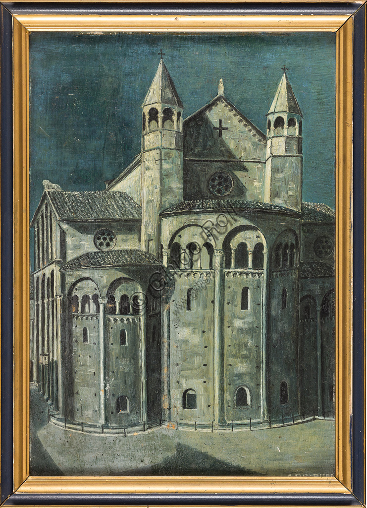 Collezione Assicoop - Unipol: Girolamo De Buoi: "Abside del Duomo di Modena". Olio su cartoncino, cm 34 x 24.