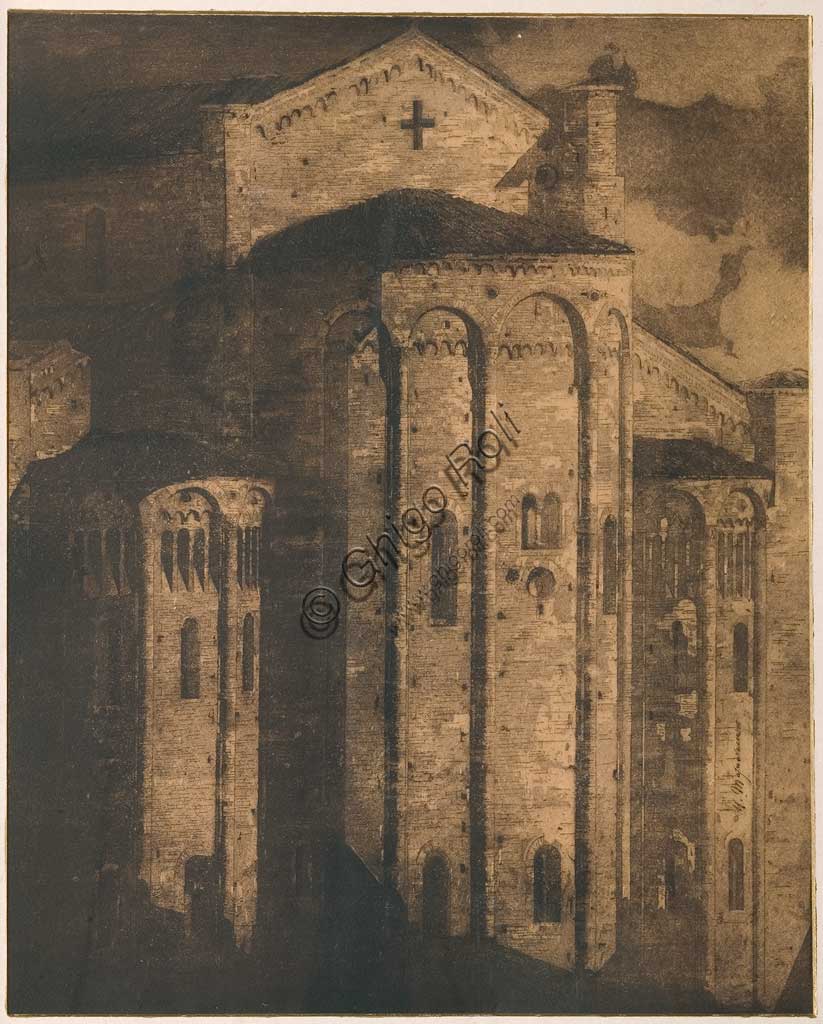 Collezione Assicoop - Unipol: "Absidi dell'Abbazia di Nonantola", 1918 - 1920 circa, acquaforte e acquatinta, lastra, di Ubaldo Magnavacca (1885 - 1957).