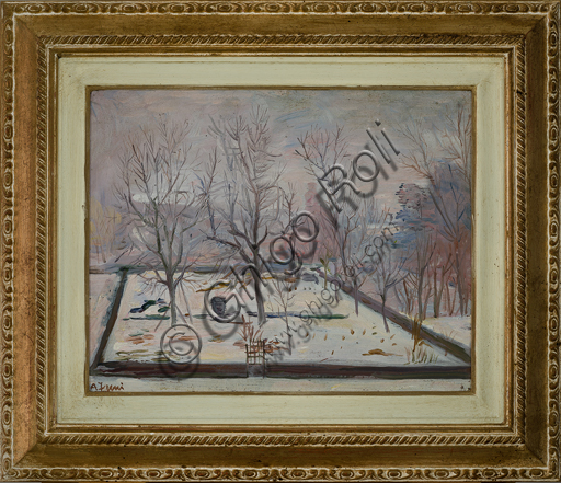 Achille Funi ( 1890 - 1972): "Nevicata" (olio su tela, cm. 32 x 40).