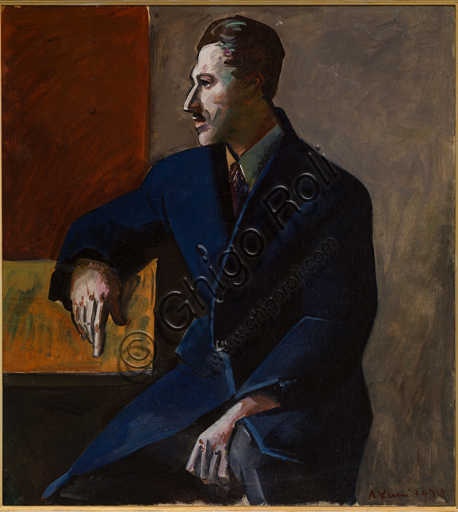 Achille Funi ( 1890 - 1972): ""Ritratto di Mario Tozzi"; olio su tavola, cm 64 X 58.