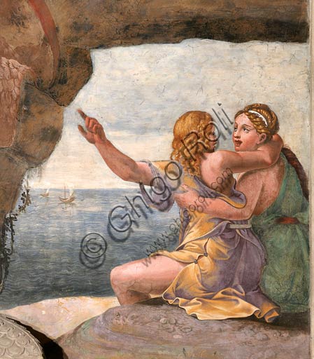 Mantova, Palazzo Te  (Residenza estiva dei Gonzaga), Sala di Amore e Psiche: parete Est, particolare con le Aci e la ninfa Galatea; ; affreschi di Giulio Romano e aiuti (1526 - 1528). I ventidue passi illustrati da Giulio Romano a Palazzo Te sono tratti dalle Metamorfosi di Apuleio, scrittore latino del II secolo d. C.