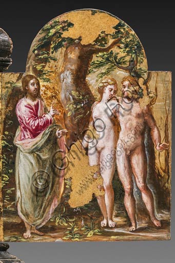 Modena, Galleria Estense: altarolo portatile di Domenico Theotokòpoulòs detto El Greco (1541-1614). Tempera grassa su tavola, cm 37 x 23,8. Anta destra del retro con "Adamo ed Eva al cospetto del Padre Eterno". 