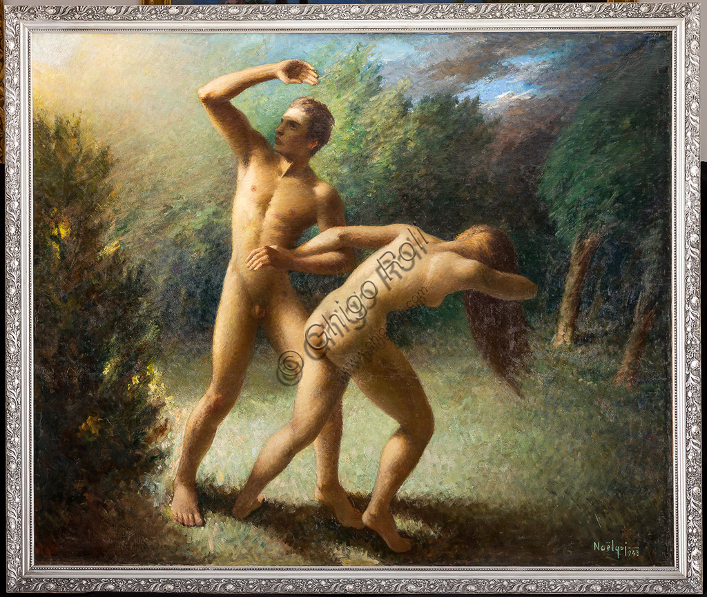  Assicoop - Unipol Collection:Quintavalle  Noel Noelqui (1893 - 1977): "Adamo and Eve". Oil painting, cm 125 x 150.
