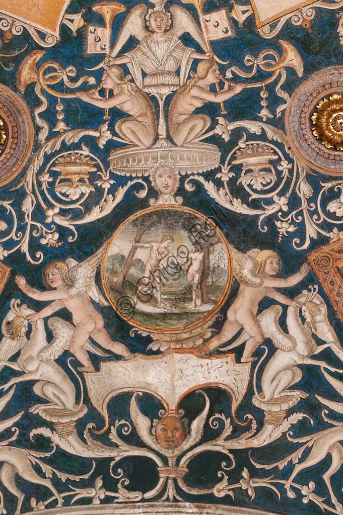 Parma, Former Monastery of St. Paul: the Chamber with frescoes by Alessandro Araldi (1514). On the vault there are frescoes representing scenes of the Old and New Testament, decorations with grotesques and puttos playing musical instruments. Detail with Adam and Eve.