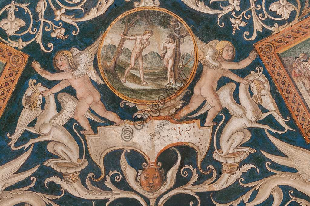 Parma, Former Monastery of St. Paul: the Chamber with frescoes by Alessandro Araldi (1514). On the vault there are frescoes representing scenes of the Old and New Testament, decorations with grotesques and puttos playing musical instruments. Detail with Adam and Eve.