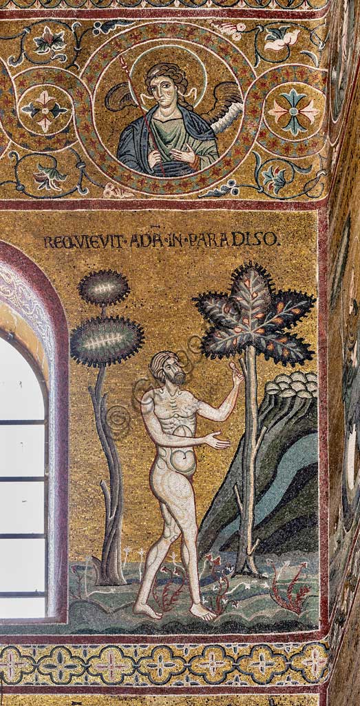 Monreale, Duomo: "Adamo riposa nel Paradiso Terrestre",  Ciclo del Vecchio Testamento - Il Paradiso Terrestre, mosaico bizantino, XII - XIII sec.Iscrizione latina: "REQUIEVIT ADAM IN PARADISO".