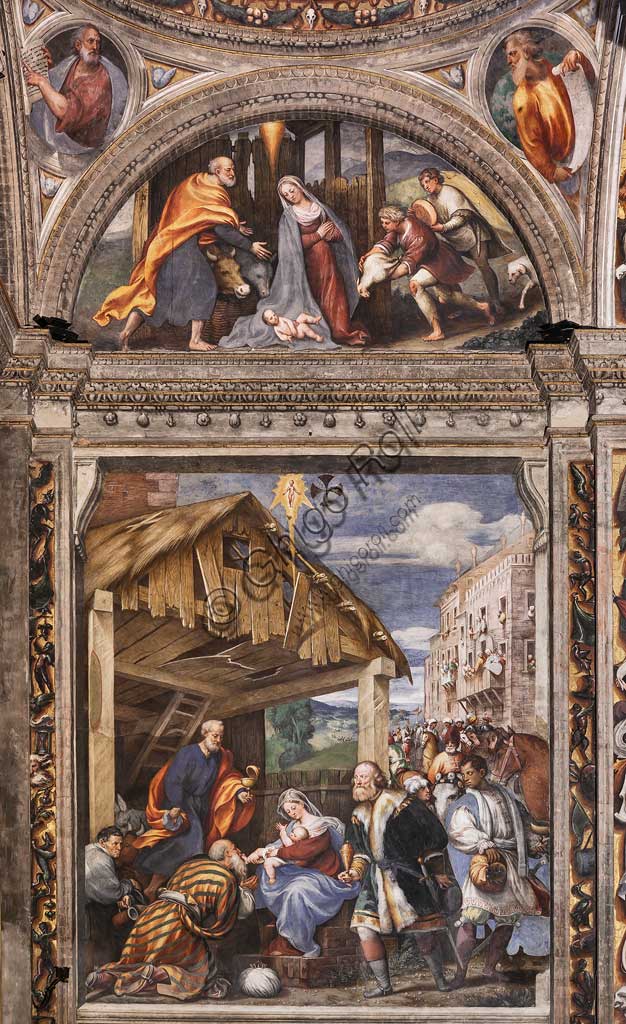 Piacenza, Sanctuary of the Madonna della Campagna, left aisle, first chapel: "Adoration of the Three Wise Men". In the lunette: "Adoration of the Shepherds". Frescoes by Giovanni Antonio de Sacchis, known as il Pordenone, 1530 - 1532.