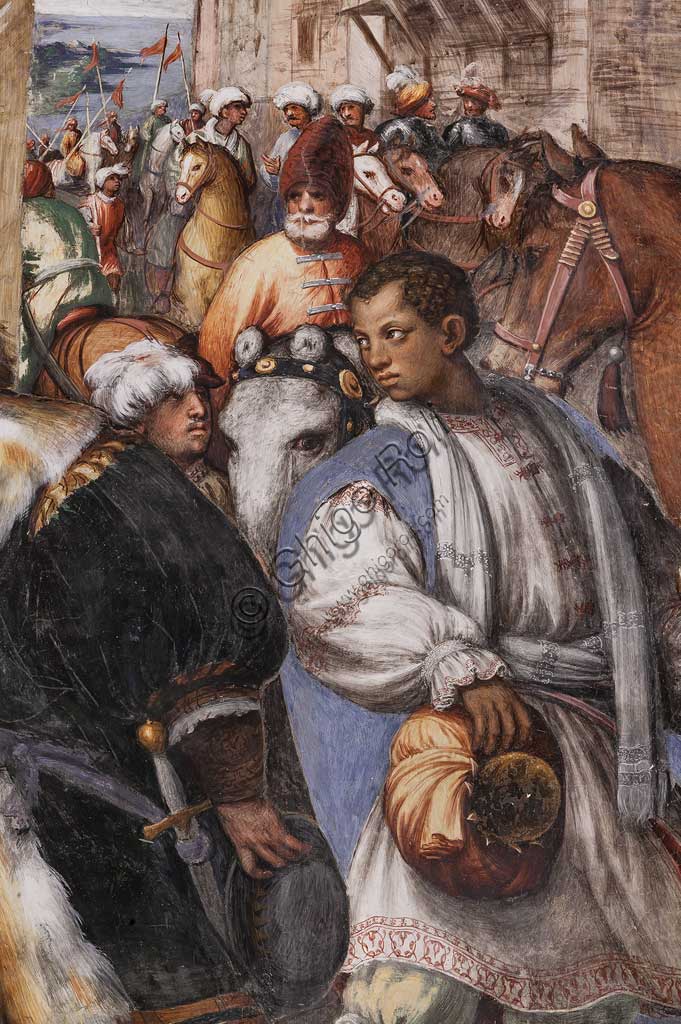 Piacenza, Sanctuary of the Madonna della Campagna, left aisle, first chapel: "Adoration of the Three Wise Men". Frescoes by Giovanni Antonio de Sacchis, known as il Pordenone, 1530 - 1532. Detail.