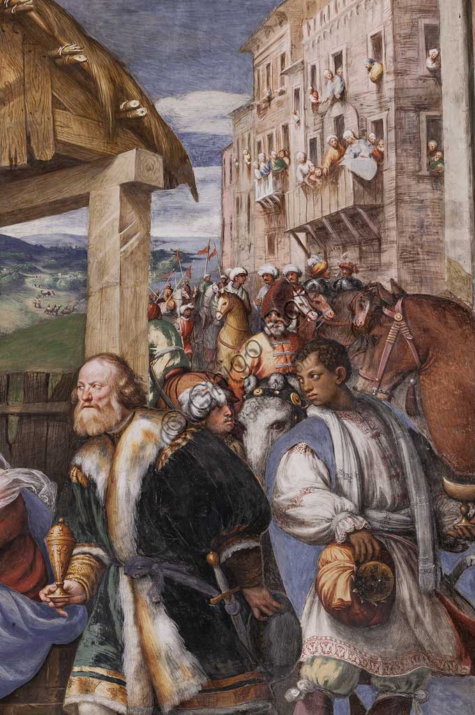 Piacenza, Santuario della Madonna di Campagna, navata sinistra, prima cappella: "Adorazione dei Magi"; . Affreschi del Pordenone (Giovanni Antonio de Sacchis, 1530 -1532). Particolare.