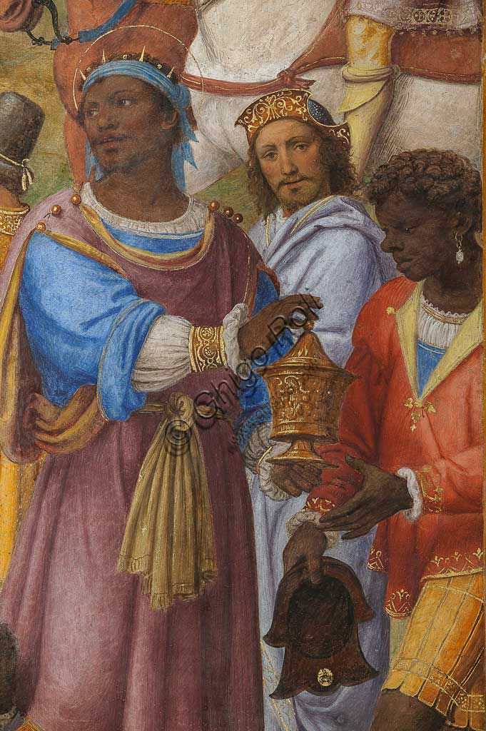 Saronno, Santuario della Beata Vergine dei Miracoli, Presbiterio (o Cappella Maggiore): "Adorazione dei Magi", affresco di Bernardino Luini, 1525 - 1532. Particolare.