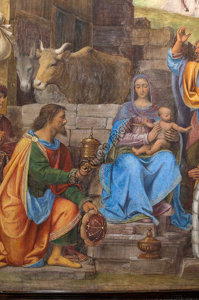 Saronno, Santuario della Beata Vergine dei Miracoli, Presbiterio (o Cappella Maggiore): "Adorazione dei Magi", affresco di Bernardino Luini, 1525 - 1532. Particolare.