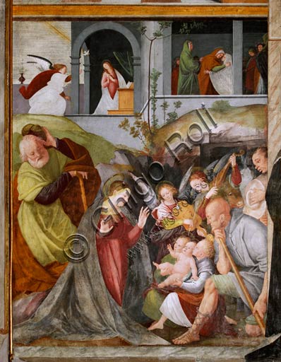   Vercelli, Church of St. Christopher, Chapel of the blessed Virgin or of the Assunta: "Adoration of the Shepherds with Musician Angels". Top left: "Annunciation". Top right: "Visitation". Fresco by Gaudenzio Ferrari, 1529 - 1534.