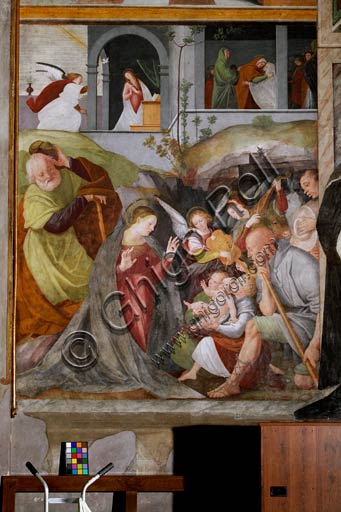   Vercelli, Church of St. Christopher, Chapel of the blessed Virgin or of the Assunta: "Adoration of the Shepherds with Musician Angels". Top left: "Annunciation". Top right: "Visitation". Fresco by Gaudenzio Ferrari, 1529 - 1534.