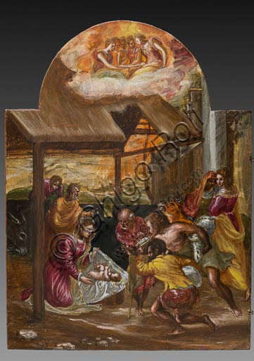 Modena, Galleria Estense: altarolo portatile di Domenico Theotokòpoulòs detto El Greco (1541-1614). Tempera grassa su tavola, cm 37 x 23,8. Particolare dell'anta sinistra con "Adorazione dei Pastori", 