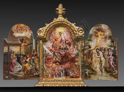  Modena, Galleria Estense: Portable altar by Domenico Theotokòpoulòs known as El Greco (1541-1614). Tempera grassa panel. Front side with "Adoration of the shepherds" on the left, "Allegory of the Christian Knight" on the centre, "Baptism of Christ" on the right door panel.