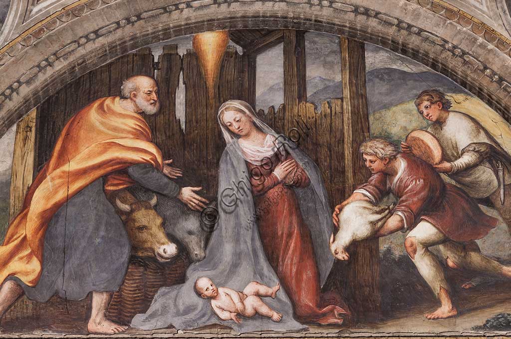 Piacenza, Sanctuary of the Madonna della Campagna, left aisle, first chapel, lunette: "Adoration of the Shepherds". Frescoes by Giovanni Antonio de Sacchis, known as il Pordenone, 1530 - 1532.