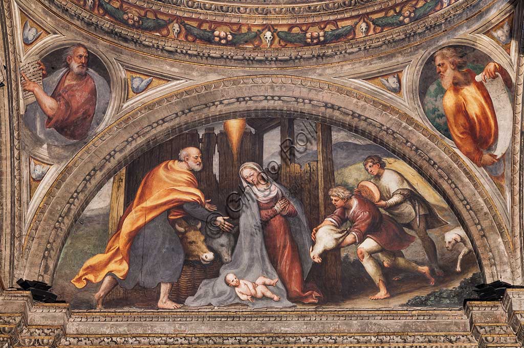 Piacenza, Sanctuary of the Madonna della Campagna, left aisle, first chapel, lunette: "Adoration of the Shepherds". Frescoes by Giovanni Antonio de Sacchis, known as il Pordenone, 1530 - 1532.