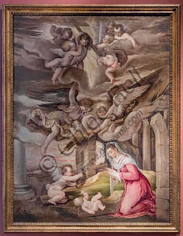 “Adoration of Infant Jesus and angels with the instruments of passion”, by Jacopo dal Ponte detto Bassano, oil painting on canvas, 1540.