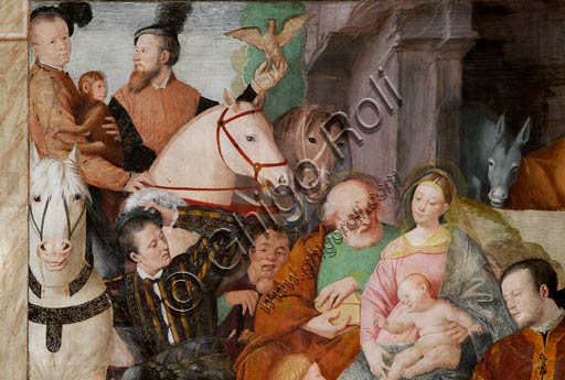 Vercelli, chiesa di San Cristoforo, cappella della Beata Vergine (o dell' Assunta):  Adorazione dei Magi, particolare.  Affresco di Gaudenzio Ferrari,  1529 - 1534.