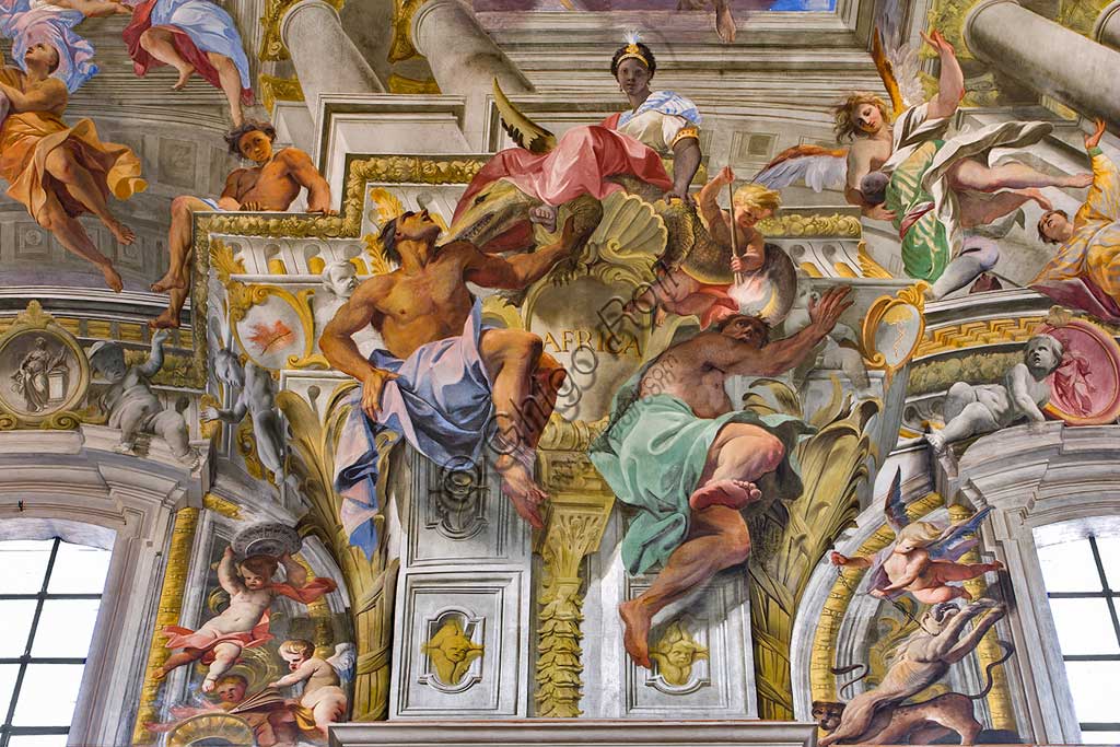 Rome, S. Ignazio Church, interior: detail of one of the pendentives of the vault of the nave with allegories of the continents: "Africa", fresco by Andrea Pozzo, 1685.