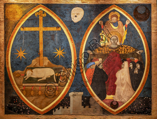 Perugia, Galleria Nazionale dell'Umbria: "Agnello mistico e Madonna dei Raccomandati", pittore umbro del primo quarto del XV secolo. Tempera e fondo oro su tavola.La tavola venne commissionata durante una delle tante pestilenze che flagellarono Perugia: la Madonna con il suo ampio manto protegge un gruppo di fedeli, capeggiato da monaci agostiniani, dai dardi della peste scagliati da Cristo. L’invocazione alla Madonna contro il flagello divino è ricordata anche dalla preghiera che corre, in lettere d’oro, lungo tutta la mandorla che racchiude la figurazione. A sinistra forti i richiami all'Apocalisse: il monte Golgota ai cui piedi è l’Agnello mistico, con le stigmate, accasciato sopra il libro dell’Apocalisse i cui sigilli sono quasi tutti aperti tranne uno. La presenza dei flagelli inchiodati ai bracci della croce e del cassero di porta Sant’Angelo, raffigurato in basso, può far supporre che questa tavola provenisse in realtà dall’oratorio dei disciplinati di Sant’Agostino, adiacente la chiesa. 