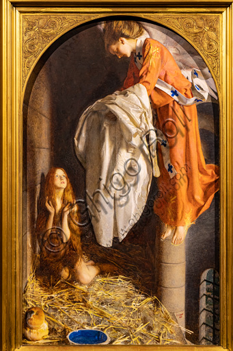 "S. Agnese in prigione riceve dal Cielo la veste bianca splendente", (1905)  di Frank Cadogan Cowper (1877 - 1958); olio su tela. 