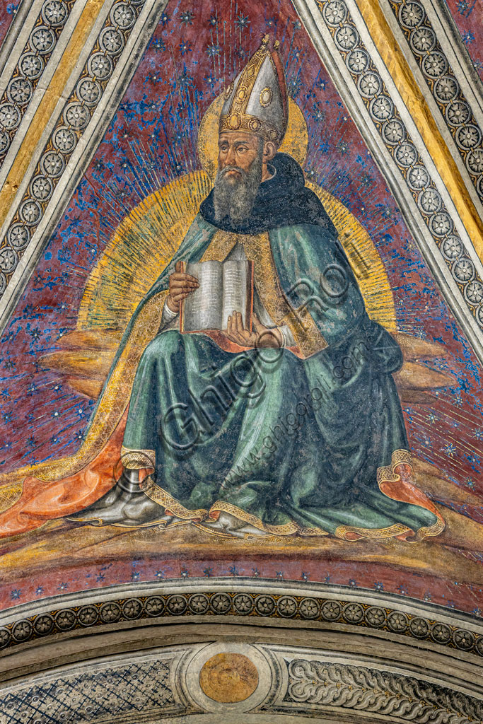 “The Four Doctors of the Church”, frescoes by Cosimo Rosselli (1485-1486) in the vault of the chapel of the Miracle of the Sacrament.Detail with St. Gregory the Great.Florence, Church of St. Ambrose.