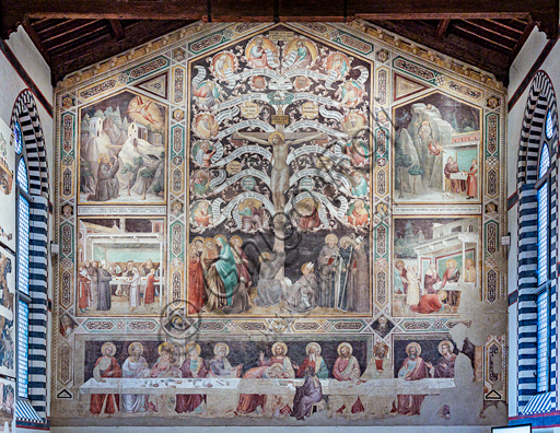 Basilica of the Holy Cross: ""Tree of Life and Last Supper", about 1350, by Taddeo Gaddi, detached fresco. Subjects: The Last Supper dominated by the Crucifixion, the Stigmata of St. Francis and sacred stories related to food that recall the use of the environment as a canteen for the friars. The Cross is a tree whose twelve branches bear medallions with prophets.