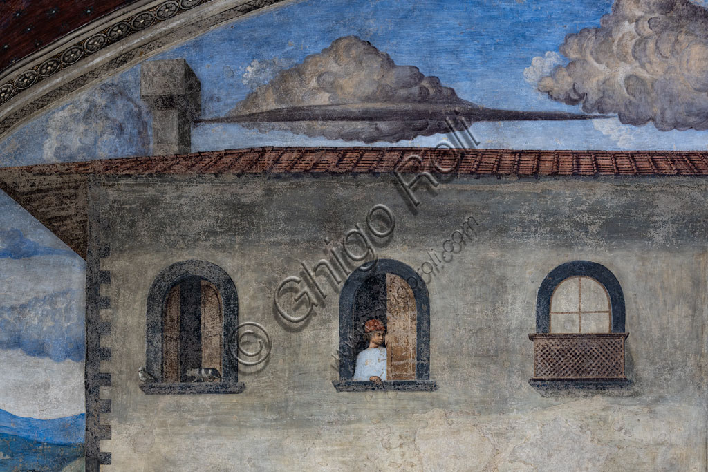 “Miracle of the Sacrament”, fresco by Cosimo Rosselli (1484- 1488): detail of some windows tin a cat pointing at a bird a a man looking out.Florence, Church of St. Ambrose, chapel of the Miracle of the Sacrament.