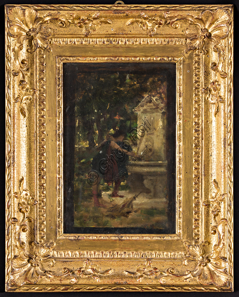 Collezione Assicoop - Unipol: Giovanni Muzzioli (1854 - 1894):  "Alla fontana". Olio su tavola, cm. 26 x 17,50.