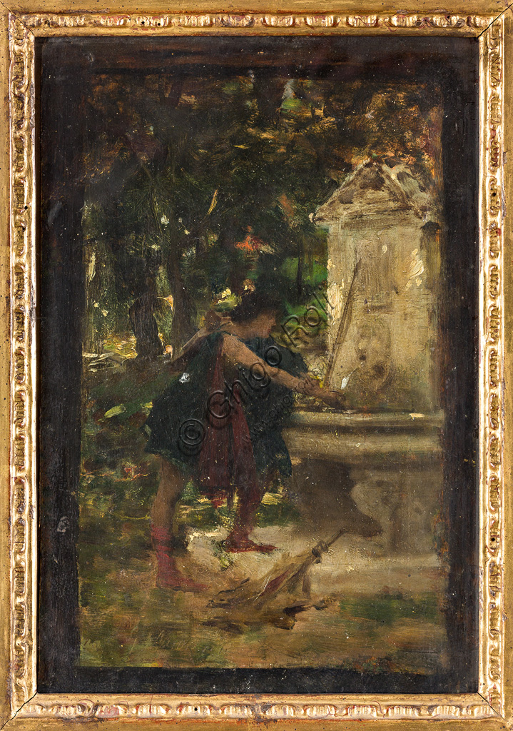 Collezione Assicoop - Unipol: Giovanni Muzzioli (1854 - 1894):  "Alla fontana". Olio su tavola, cm. 26 x 17,50.