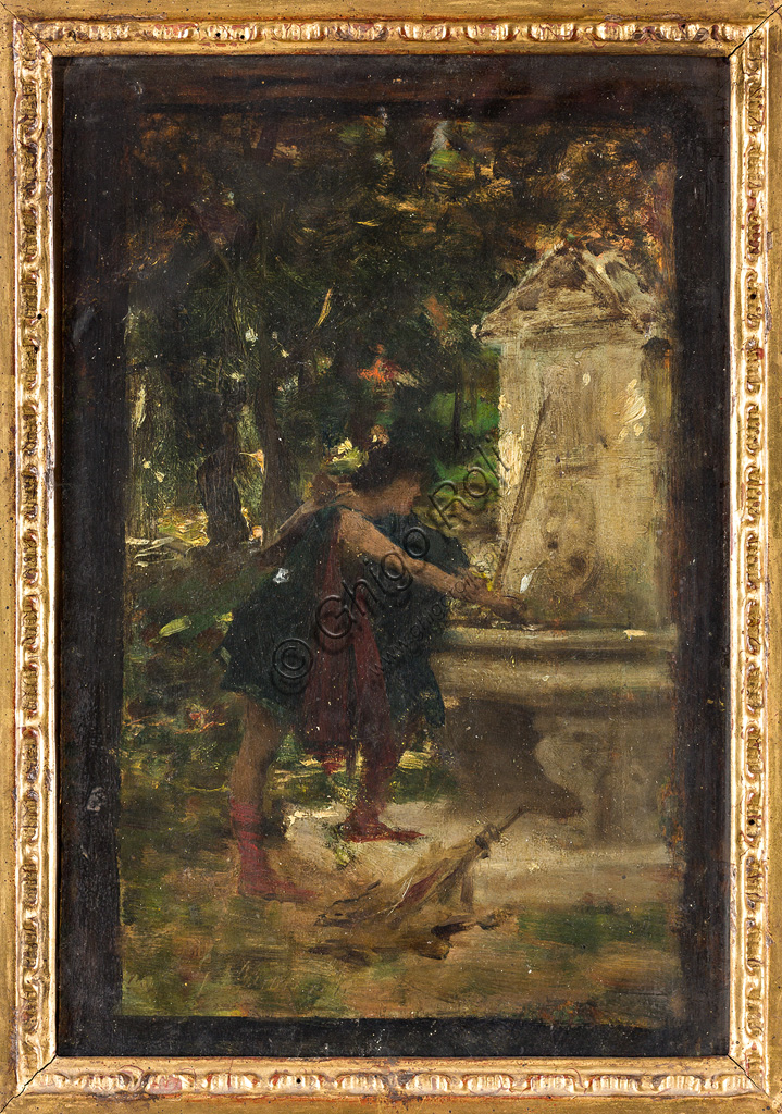  Assicoop - Unipol Collection:Giovanni Muzzioli (1854 - 1894): "To the Fountain".  Oil painting,  cm 26 x 17,50.