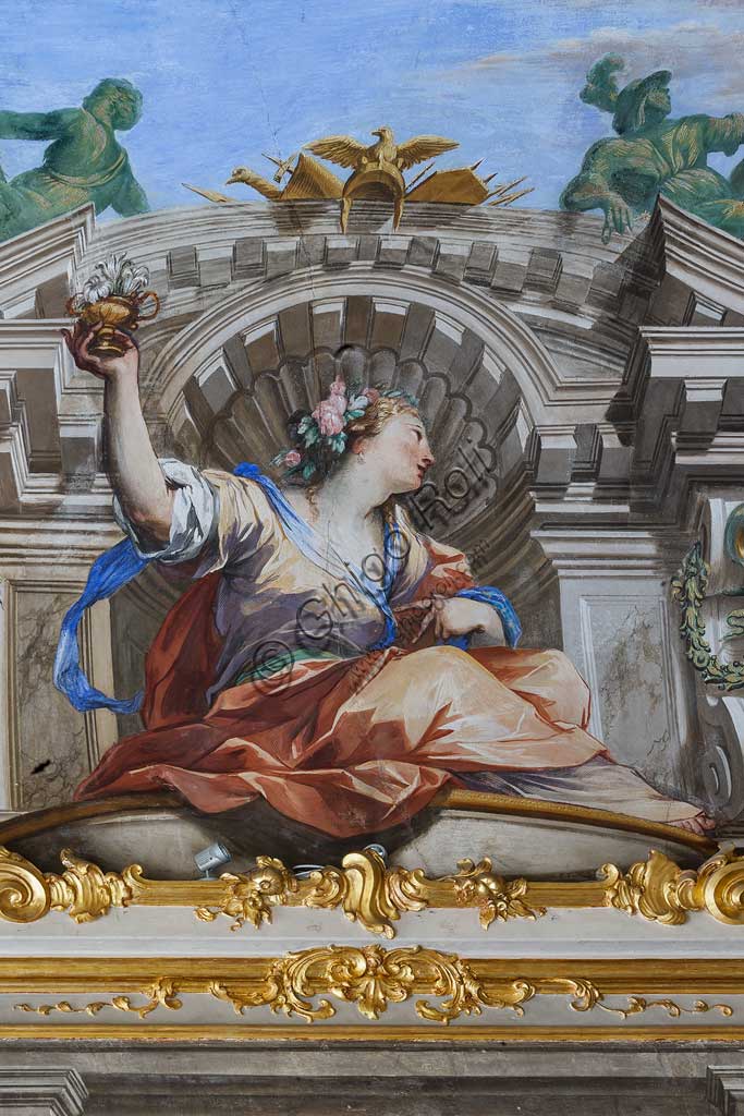 Genoa, Palazzo Reale (former Palazzo Balbi Durazzo):  Hall of the Fame of the Balbi Family: the vault with "Allegory of the Fame and Allegorical Figures", fresco by Valerio Castello and Giovanni Maria Mariani, 1755.Detail.World Heritage UNESCO.